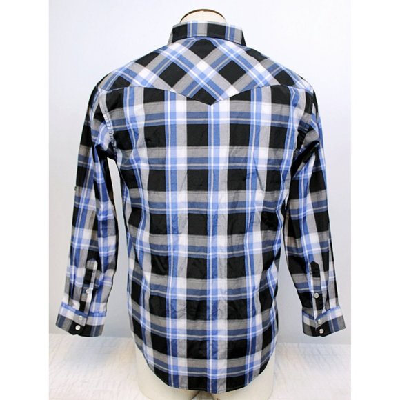 Coevals Club Men Sz L Plaid Western Shirt Pearl Snap Button Blue Black White - Picture 6 of 11